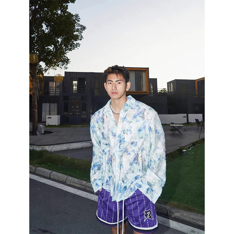 Men's floral long sleeve shirt with embossed three-dimensional pattern in loose fit
