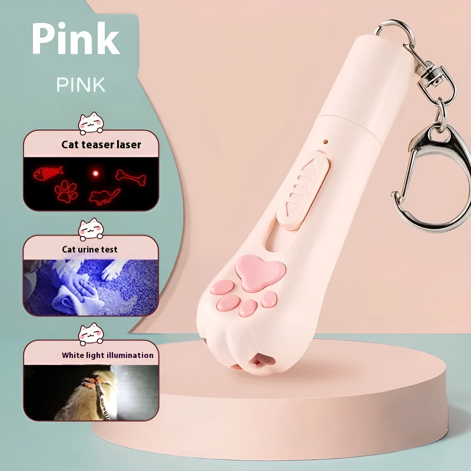 Cat teasing pen light toy with self-hi feature in cream white, pink or sky blue colour options