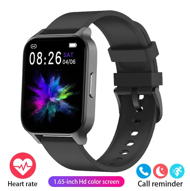 Smart colour screen watch showing health metrics on display, available with black or rose gold mesh and tape straps.