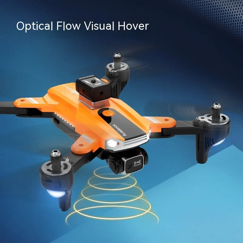 Orange quadcopter drone with dual cameras and obstacle avoidance sensors measuring under 30cm