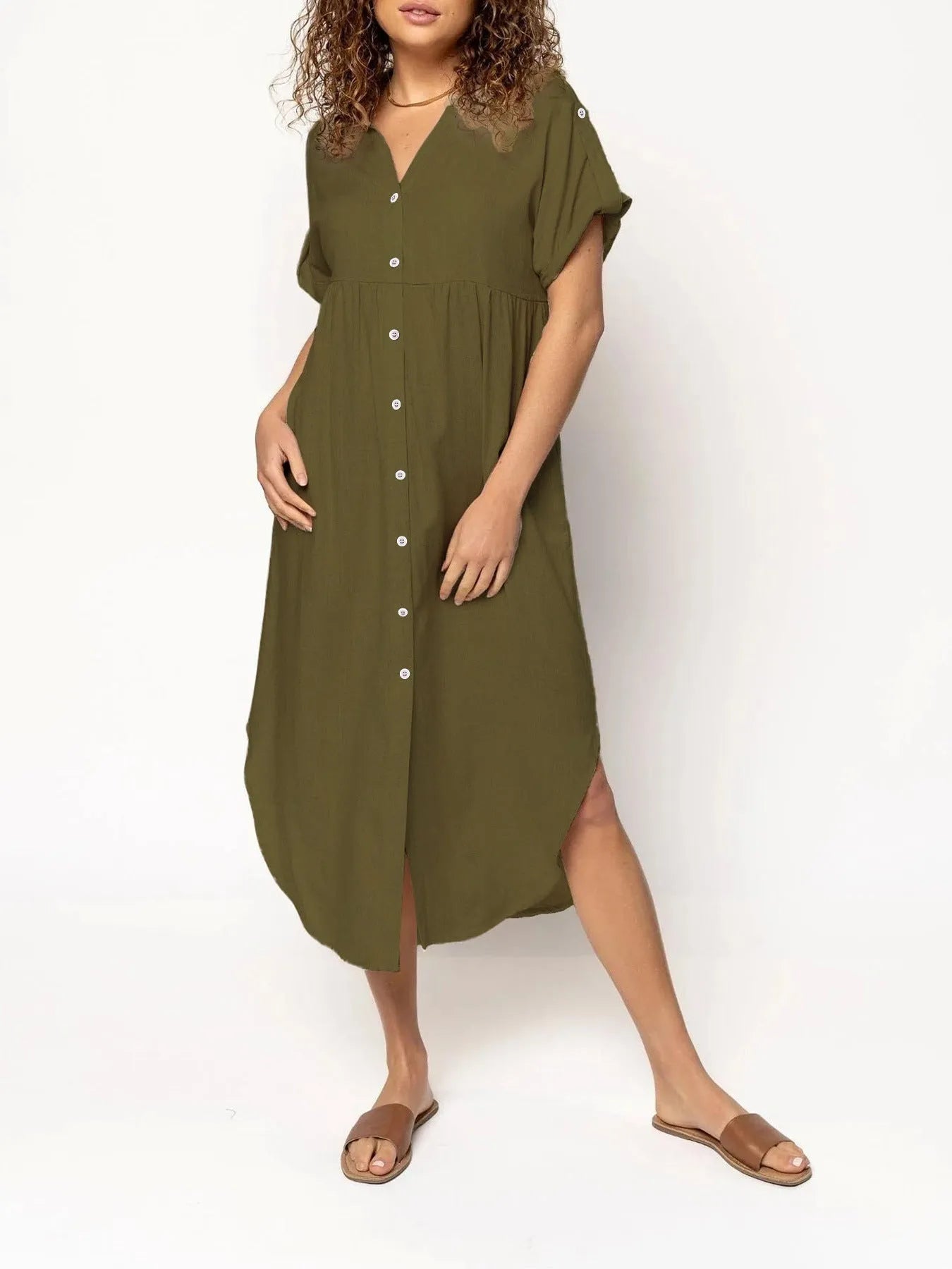 A mid-length casual dress with button detail on the front, shown in a solid colour.