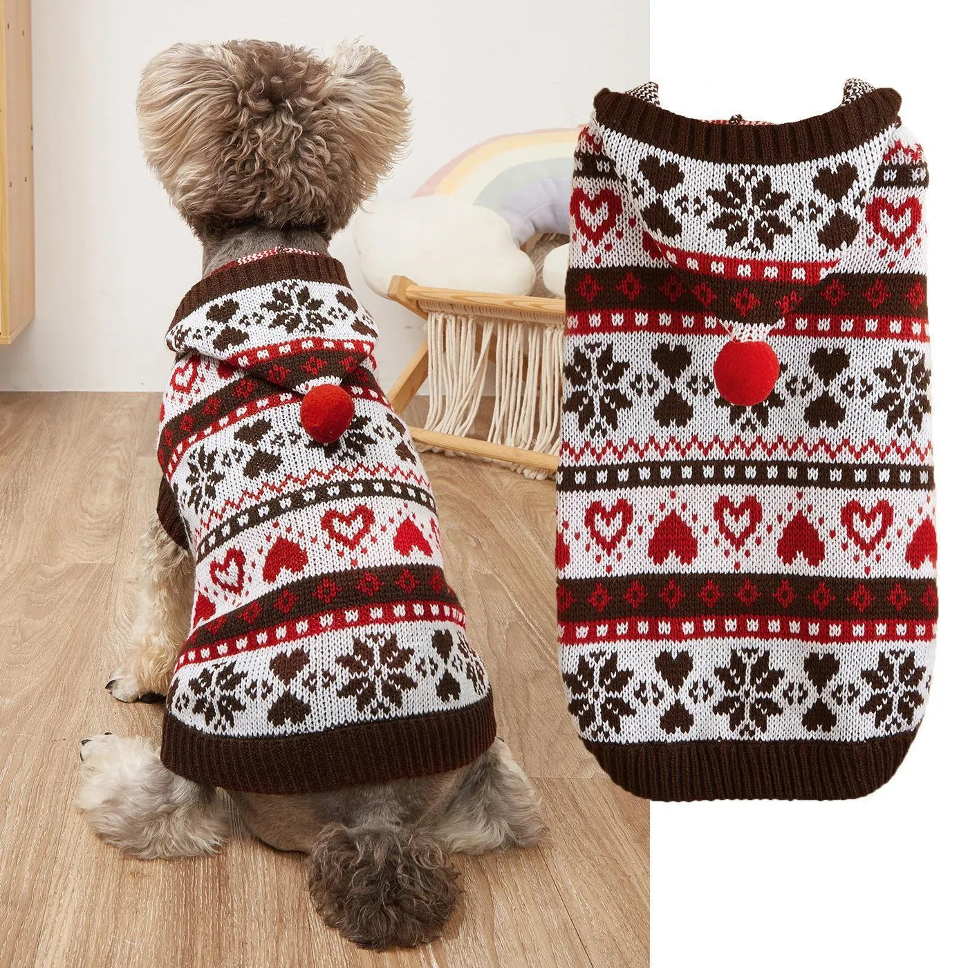 Knitted acrylic dog sweater with striped camouflage pattern and snowflake love design for small breeds
