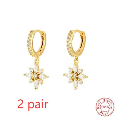 S925 sterling silver snowflake pendant earrings with gemstone inlay in yellow gold or white gold colour finish.
