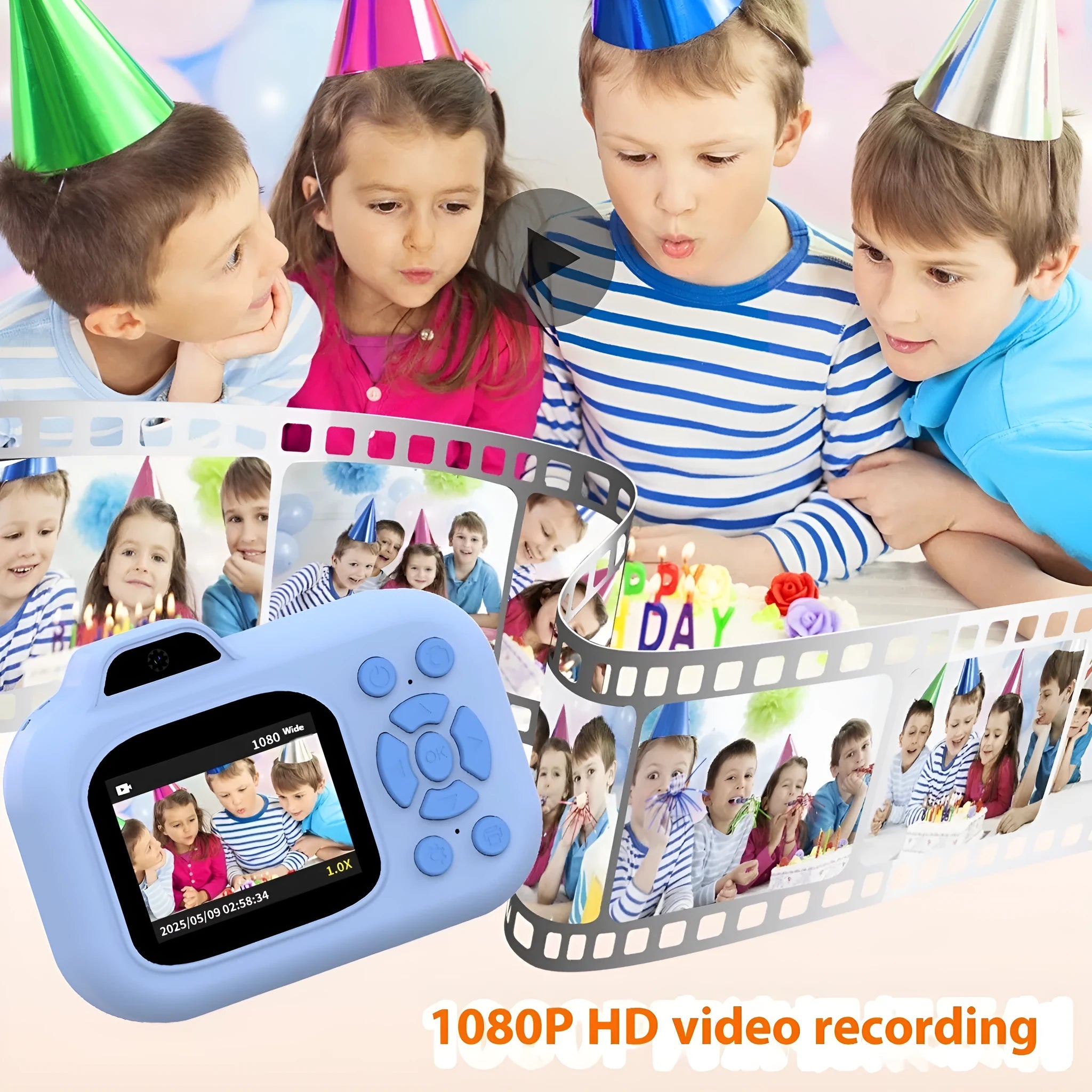 Children's plastic camera toy in blue pink or purple with video recording photography games sticker functions