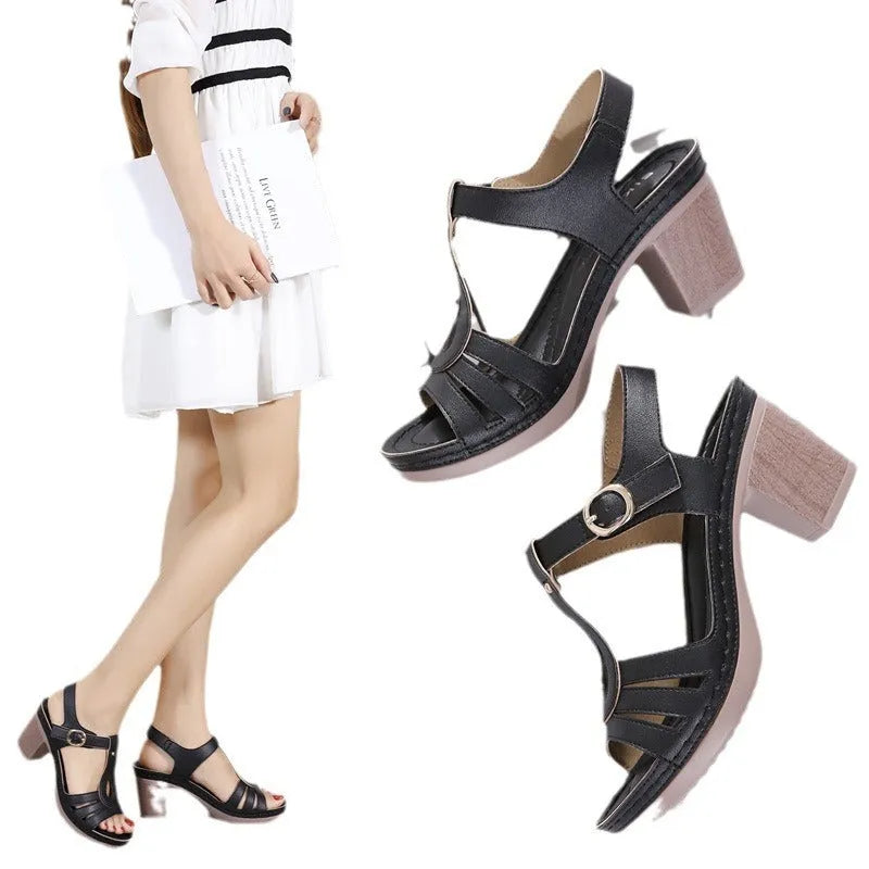 European style women's sandals with thick high heel and metal buckle stitching in patent leather