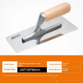 Three stainless steel putty scraper tools with wooden handles in different sizes on a workbench.