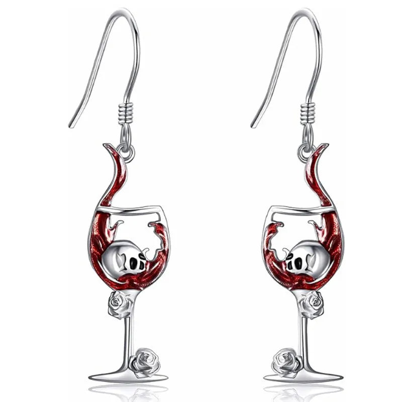 Zinc alloy Halloween earrings with geometric skull and wine glass design, electroplated metallic finish