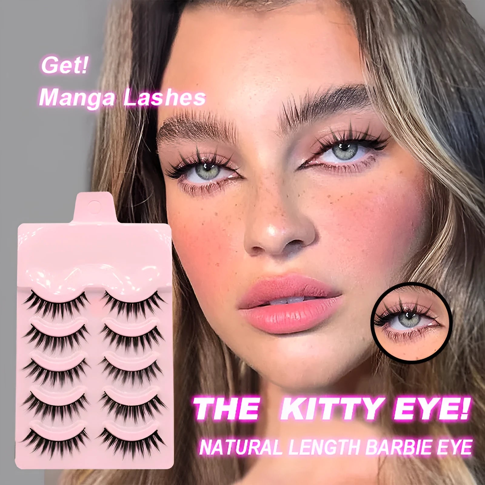 Pack of natural wispy Korean false eyelashes for anime cosplay, showing styles 007, 008, and 009.