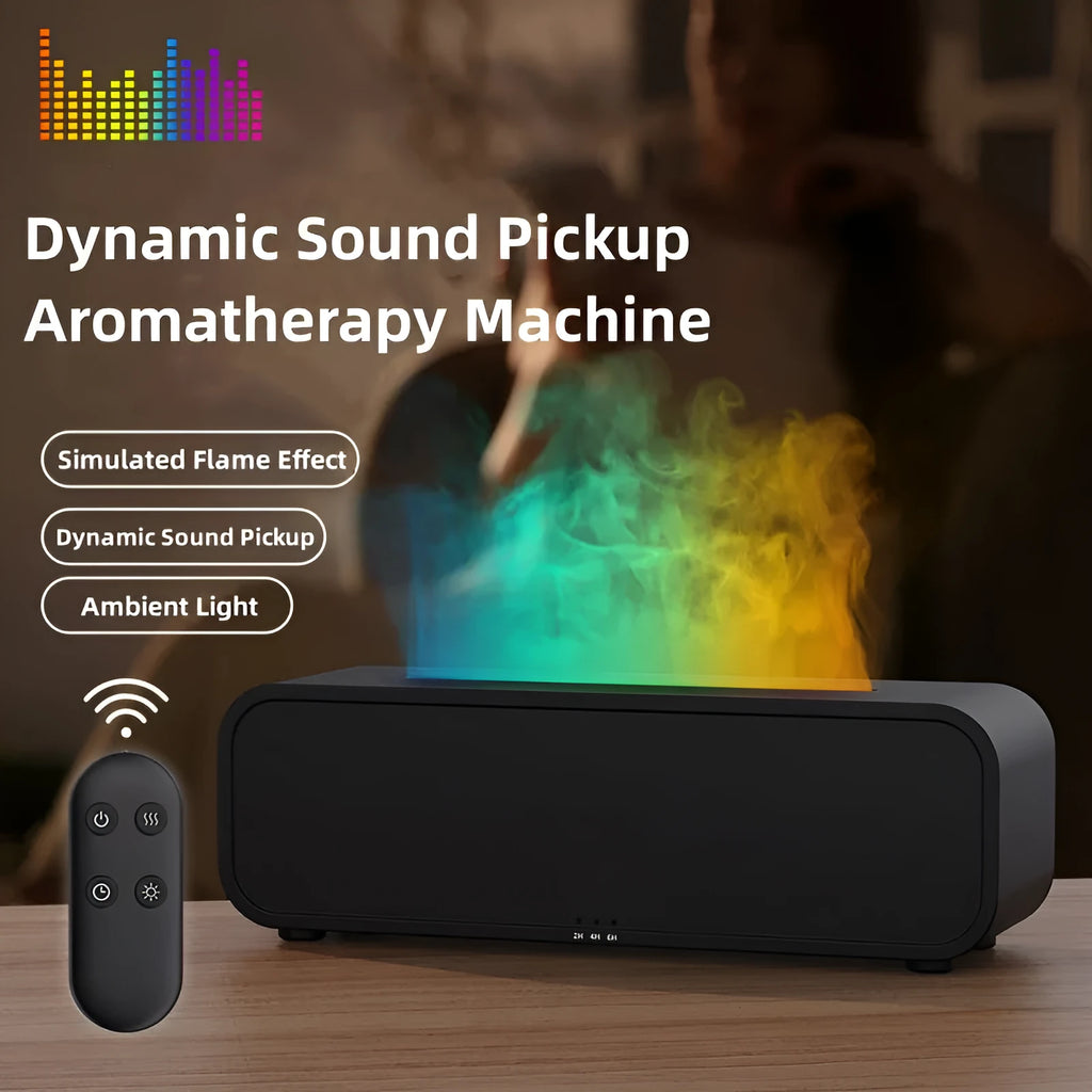 Black or white flame dynamic essential oil diffuser with remote control and colour-changing lights.