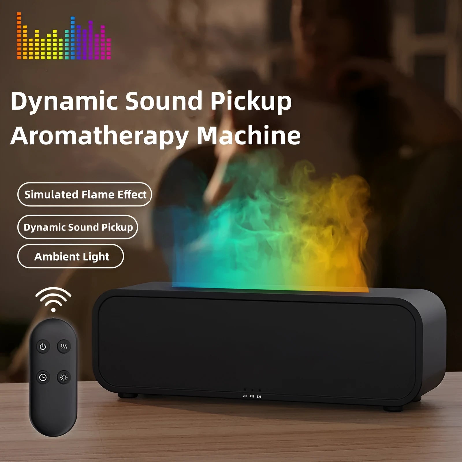 Black or white flame dynamic essential oil diffuser with remote control and colour-changing lights.