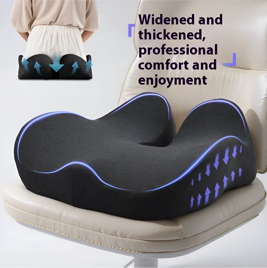 Memory foam office chair cushion in light grey colour showing 12cm thickness