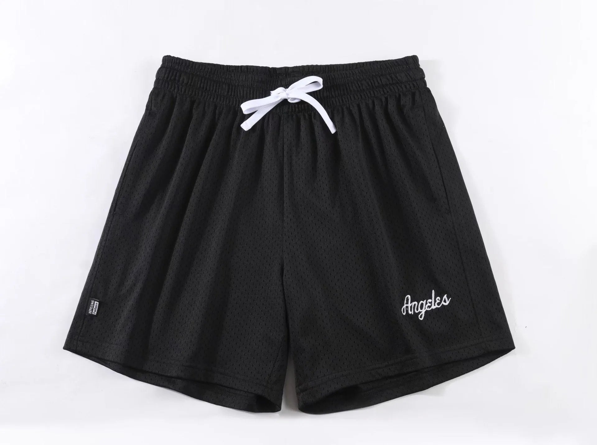 Men's personalised double-layer mesh sports shorts in multiple colours on a size chart.