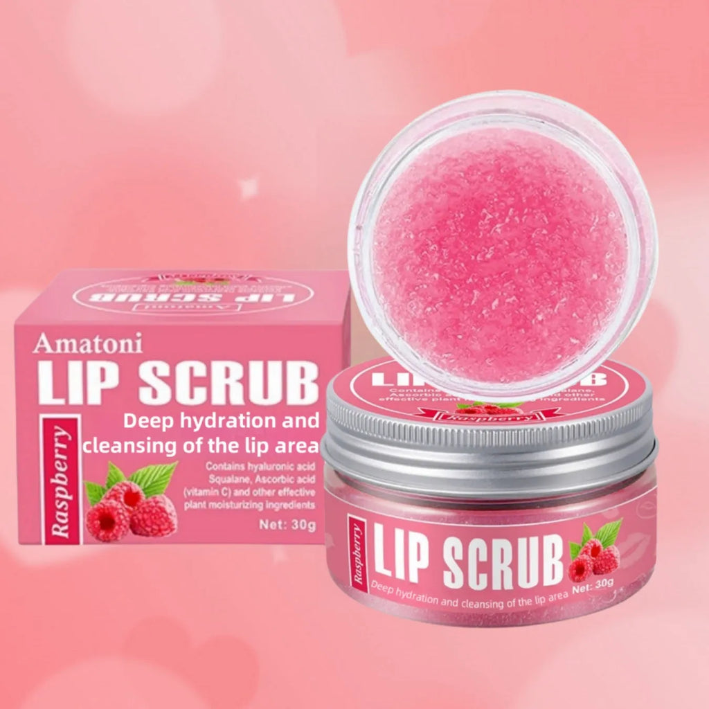 Amatoni fruit flavour lip scrub cream pot in 30g size with coconut, raspberry, vanilla, or watermelon options