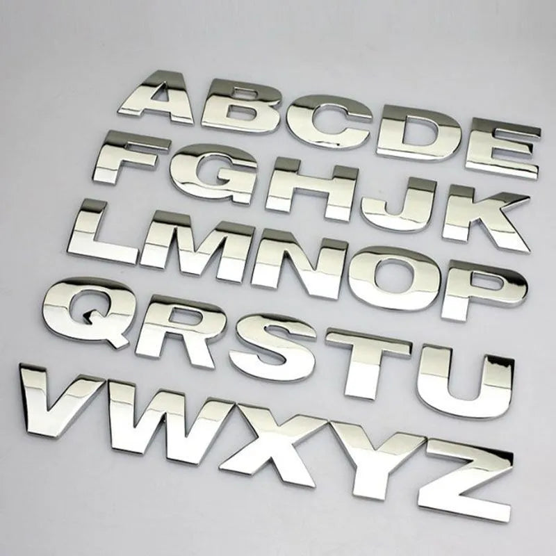 Metal car bumper stickers showing 3D raised English alphabet letters in silver finish