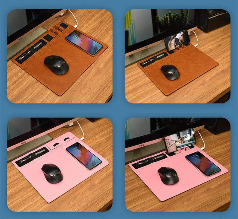 Pink PU leather wireless charging mouse pad with integrated phone holder on a desk.