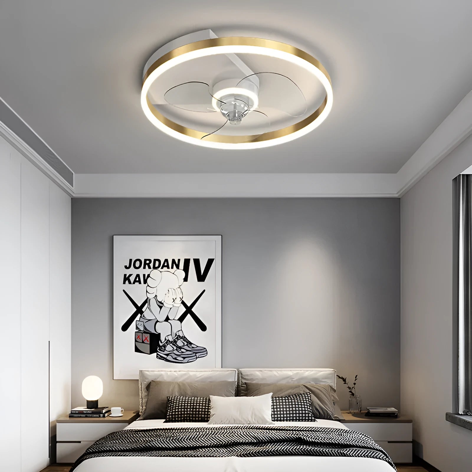 Modern Nordic style ceiling light with integrated fan for children's rooms, iron construction, LED illumination