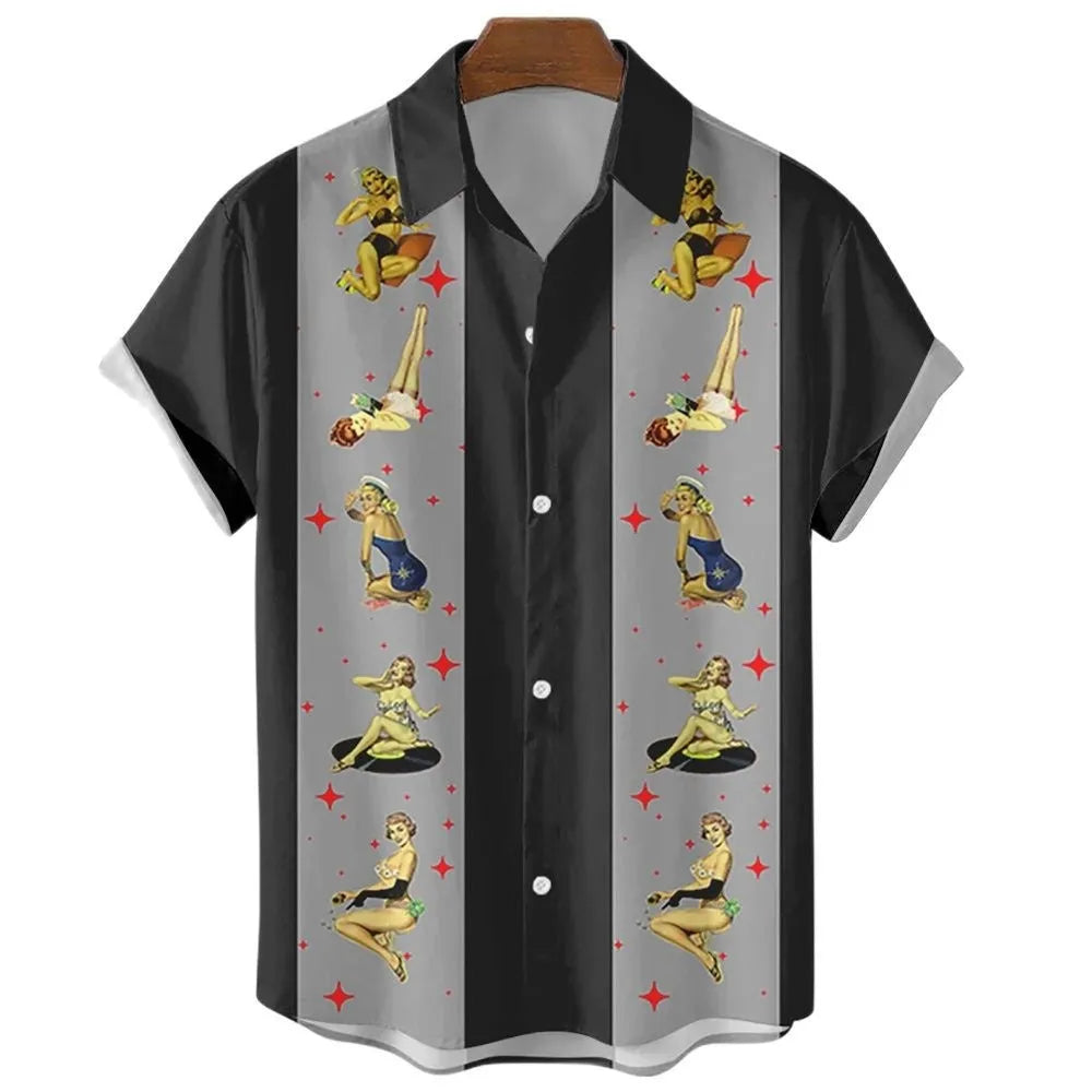 Man wearing a striped short-sleeve Hawaiian shirt made from elastic polyester fabric.