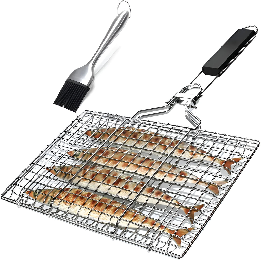 Square stainless steel folding barbecue grill mesh basket with cleaning brush