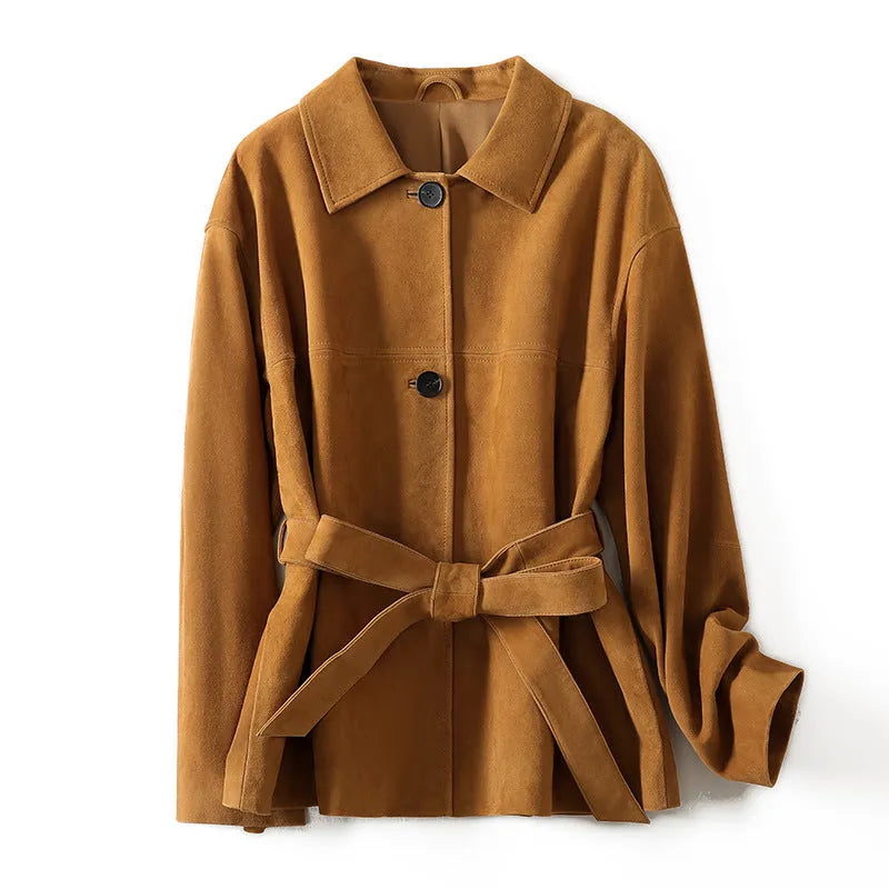 Women's mid-length caramel mocha cashmere coat with Peter Pan collar and leather stitching detail.
