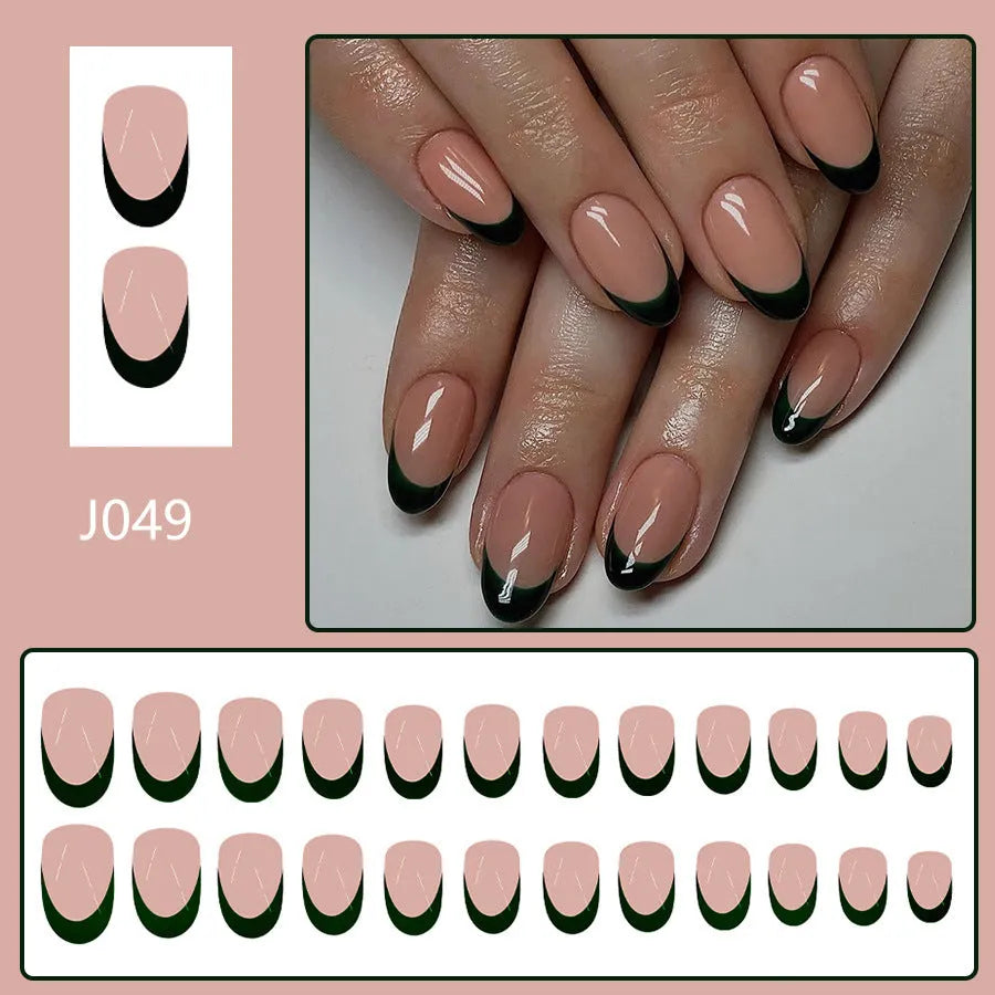 24 black French style artificial nails with almond shape arranged in set