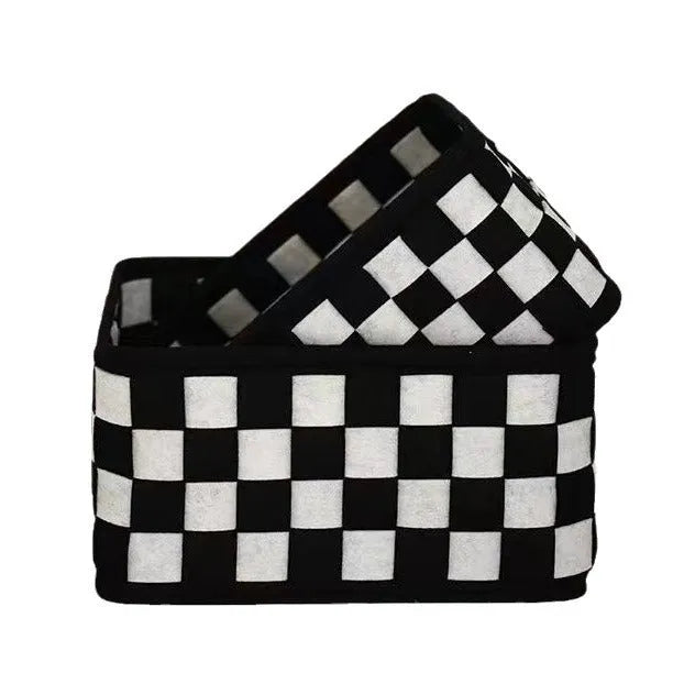 Checkerboard patterned felt storage basket with dimensions 37cm by 29cm by 19.5cm