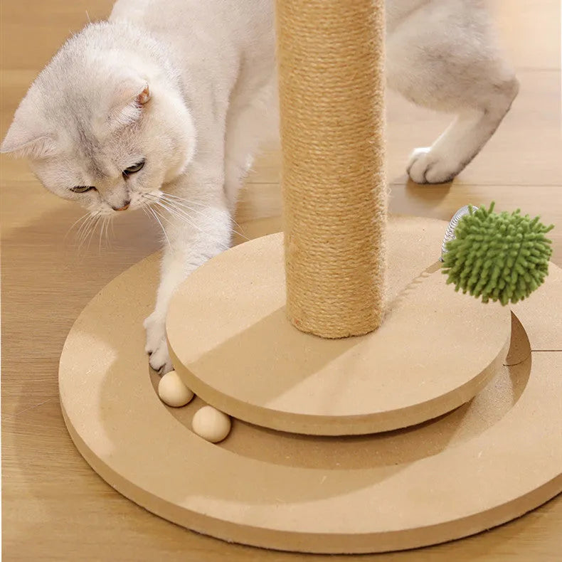 Canna-coloured cat climbing frame with hemp rope scratch posts and density board construction.