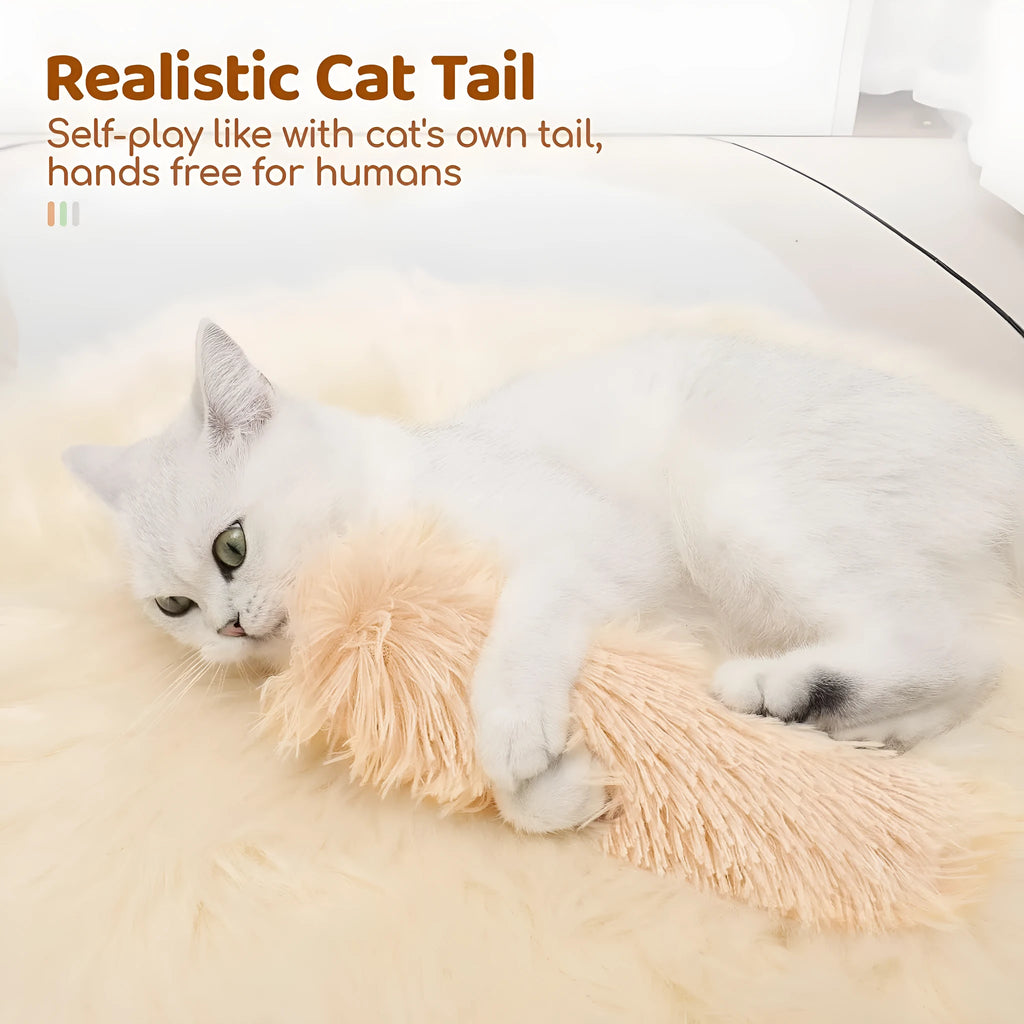 Plush cat toy pillow with crinkle paper in blue, green, pink and white colours measuring 27cm by 10cm