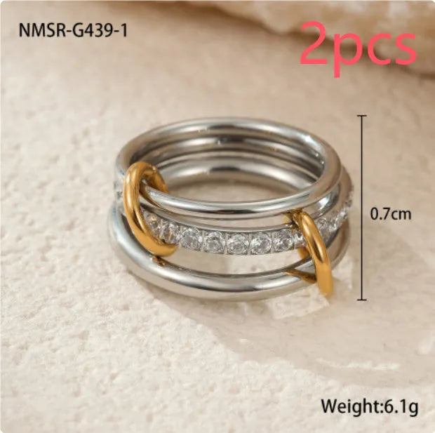 Stacked colour matching stainless steel ring set with 18K gold plating in free size