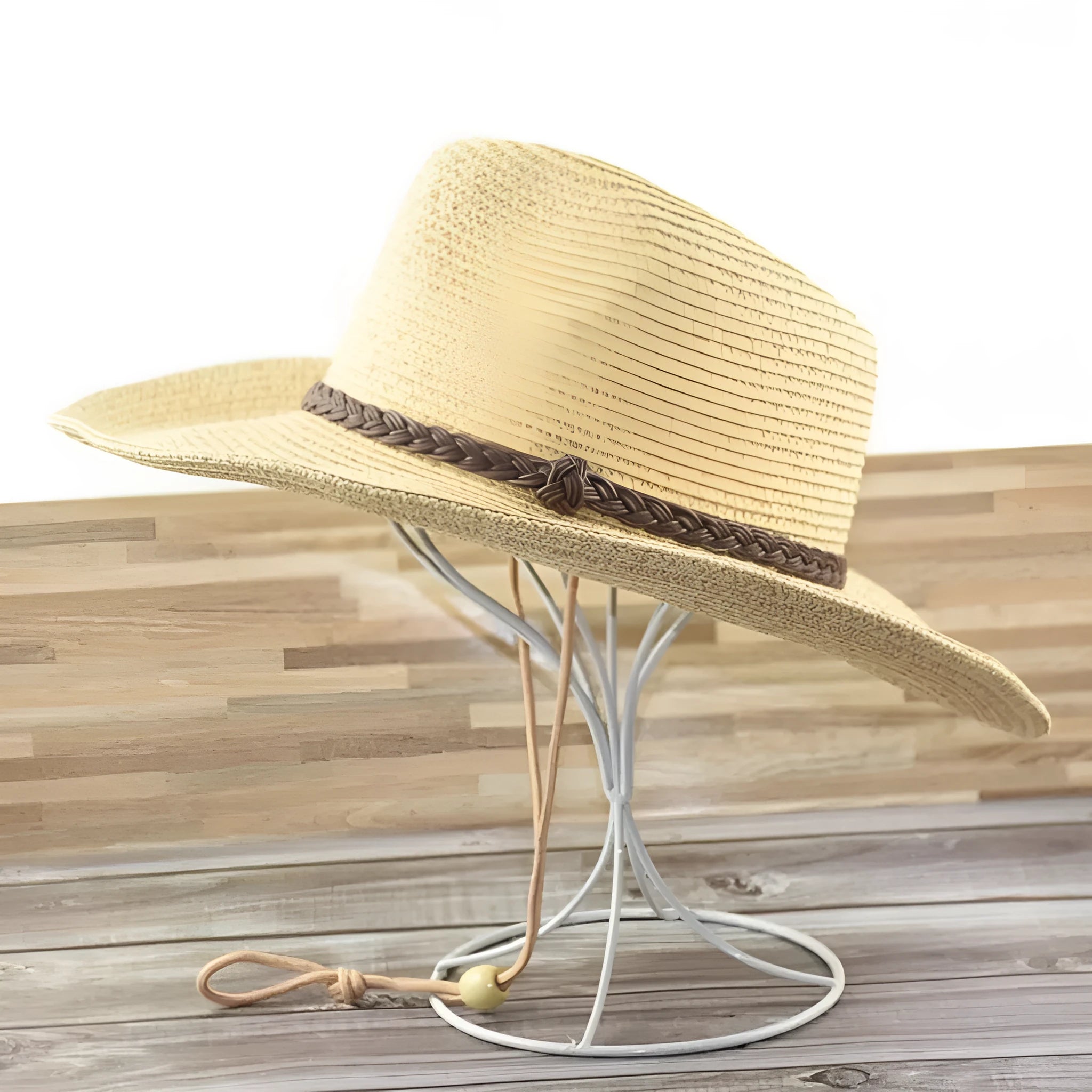 Men's foldable wide-brim straw sun hat in beige colour for summer outdoor use