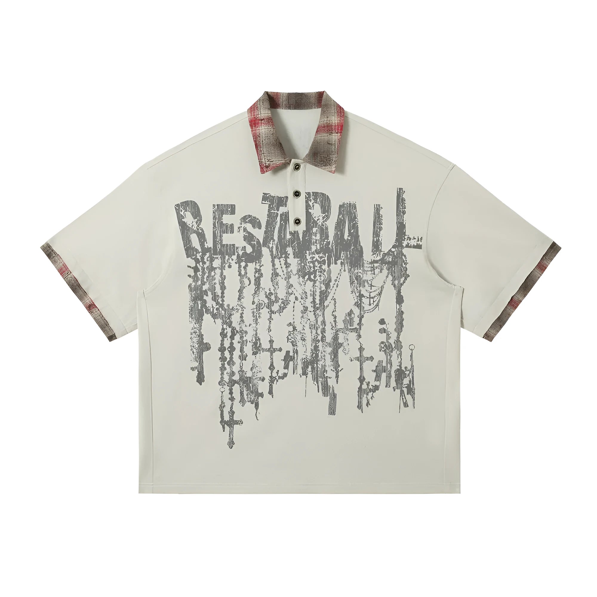 Men's loose blue cotton top with asymmetric design and graffiti print on the lapel.