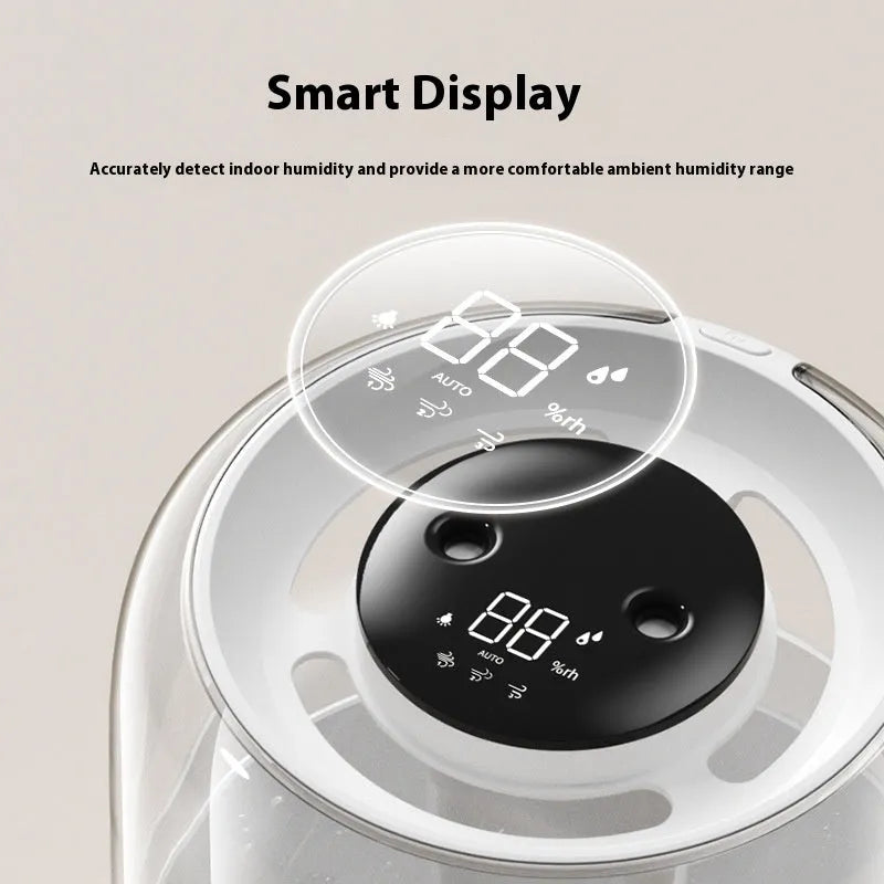 Beige round USB-powered humidifier with dual spray nozzles and display screen