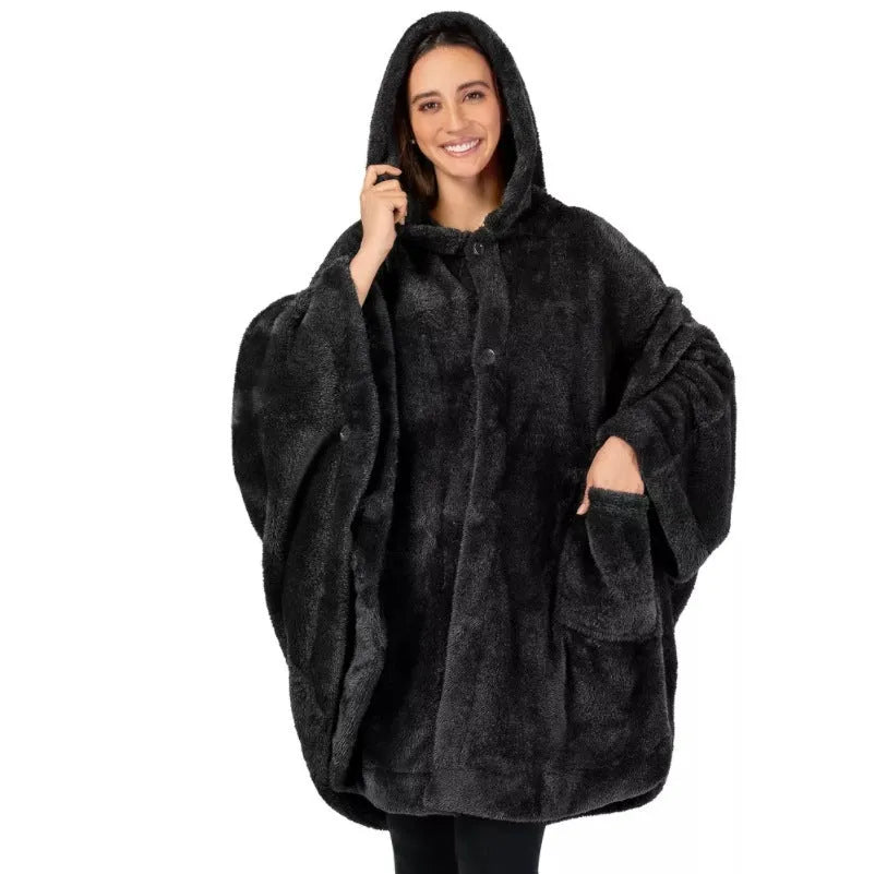 Thick hooded cloak bathrobe in black, dark grey, or pink colours with long sleeves