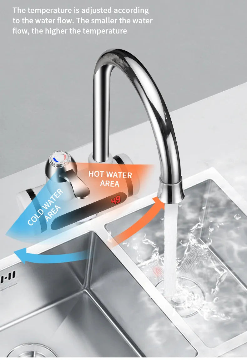 White kitchen instant electric water heater with digital temperature display and tap