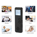 Black digital voice recorder with dot matrix screen showing recording time.