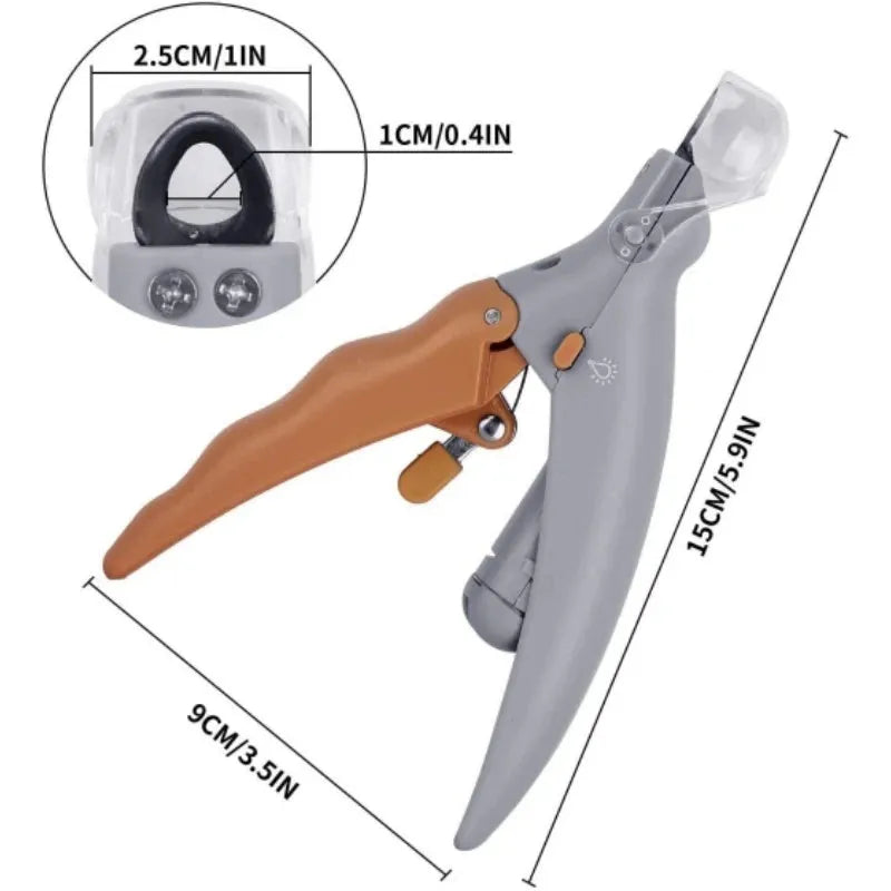 Yellow pet nail clipper with LED light and magnifying glass for dog and cat grooming