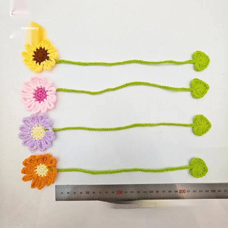 Hand-crocheted wool daisy bookmark with flexible wire in multiple colour options