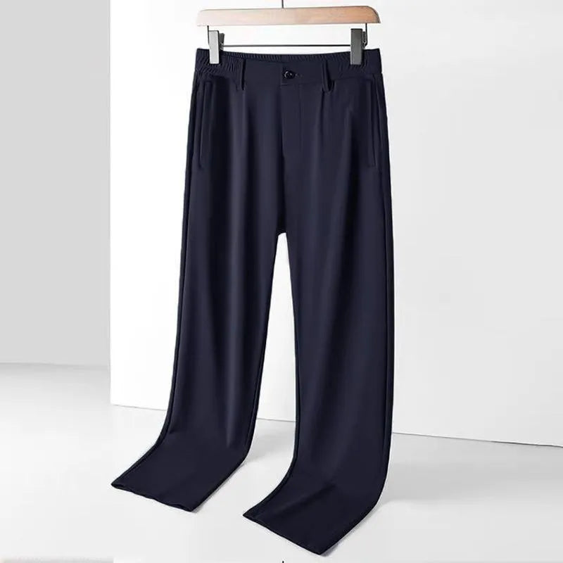 Men's ice silk straight loose trousers with elastic waist in black colour