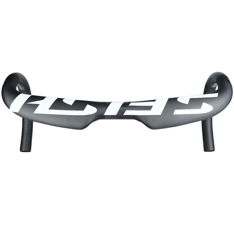 Carbon fibre road bike drop handlebar shown in a black finish, with ergonomic bends for brake hoods and drops.