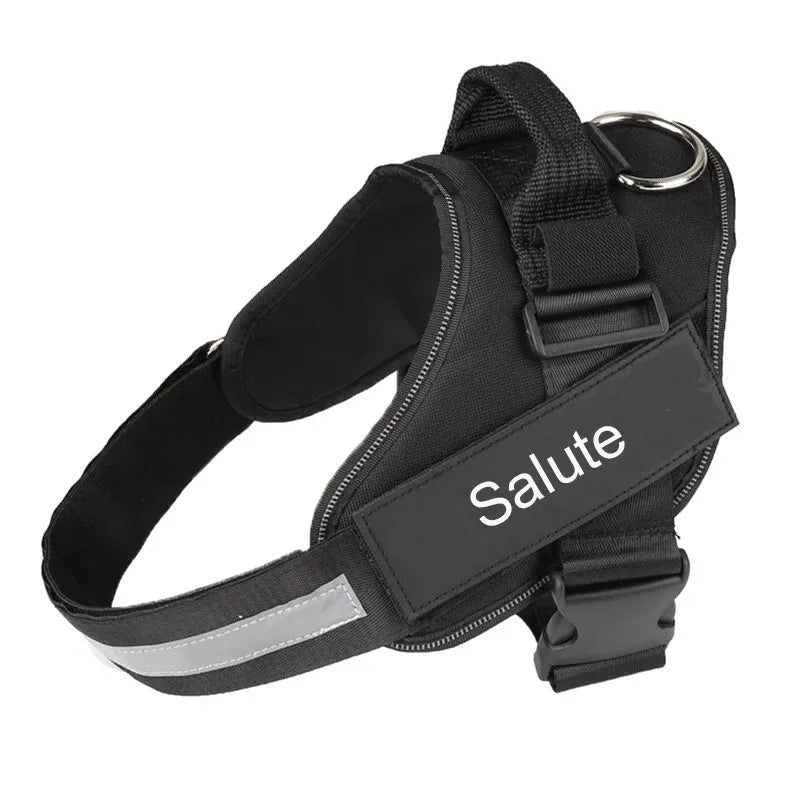 A reflective adjustable dog harness vest shown on a dog, with a handle and D-ring for leash attachment.