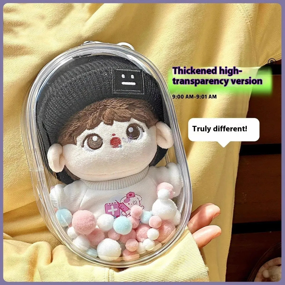 Transparent PVC cube storage bag for cotton dolls with zip closure, shown in avocado green colour.