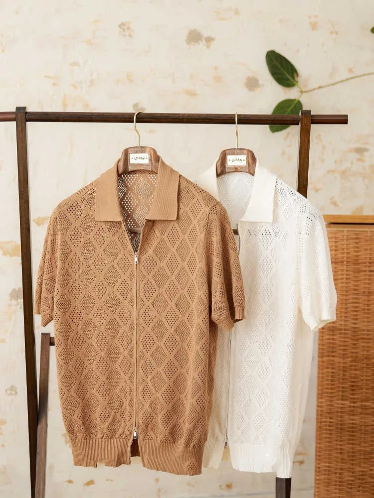 Women's cotton cardigan with zipper front and short sleeves in light brown colour