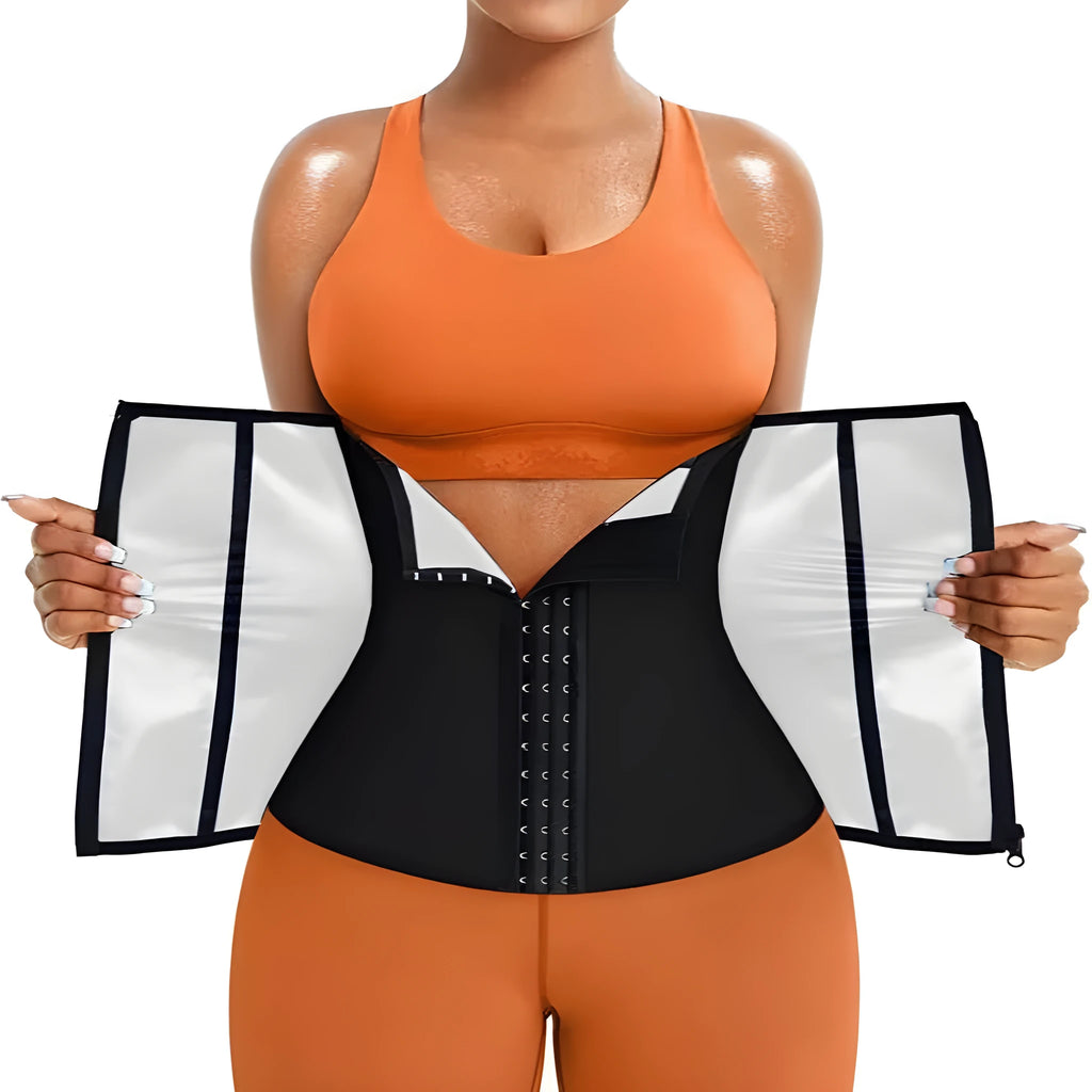 Blue neoprene adjustable abdominal support belt shown with size adjustment features
