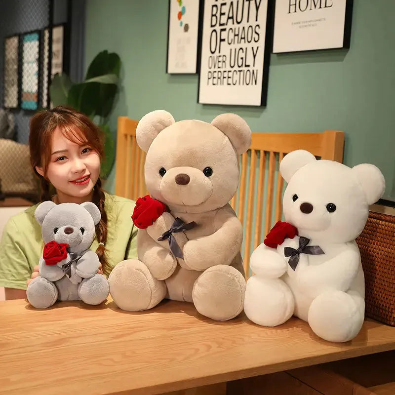 Soft plush Rose Bear teddy bear toy in beige, brown or grey, shown in sizes from 23cm to 45cm.