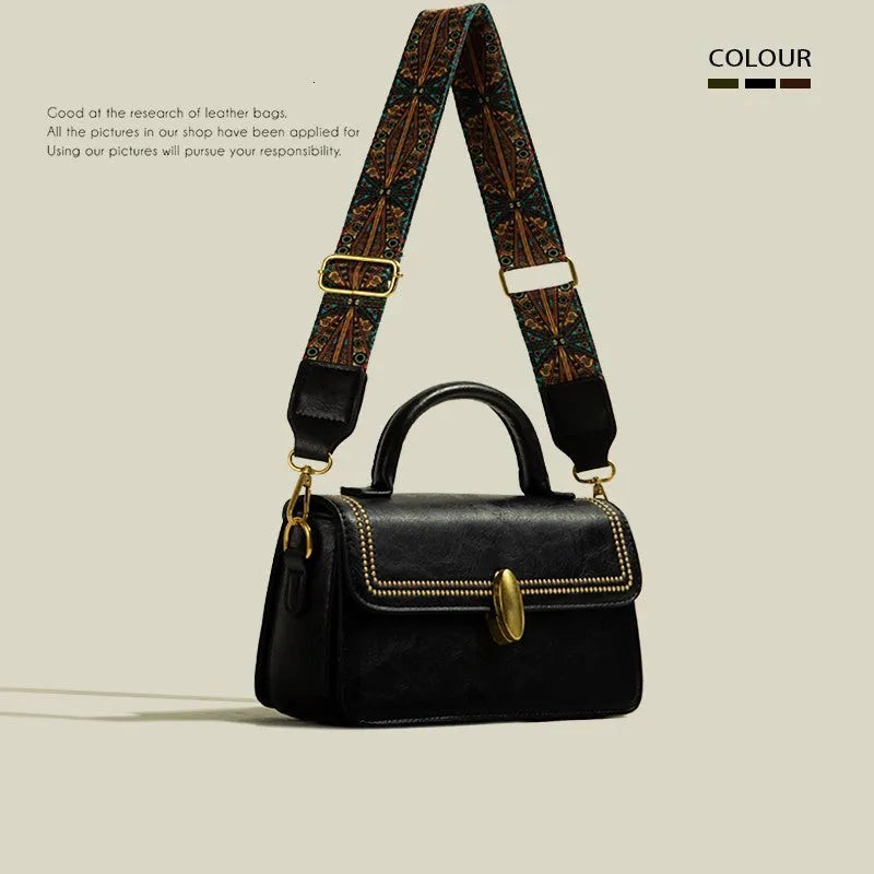 Women's brown PU leather messenger bag with sandwich pocket and shoulder strap