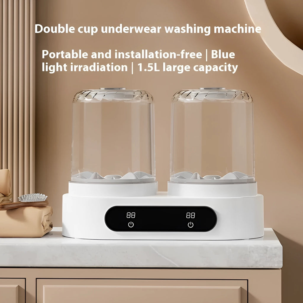 White USB-powered mini double bucket laundry cup for washing underwear and small garments.