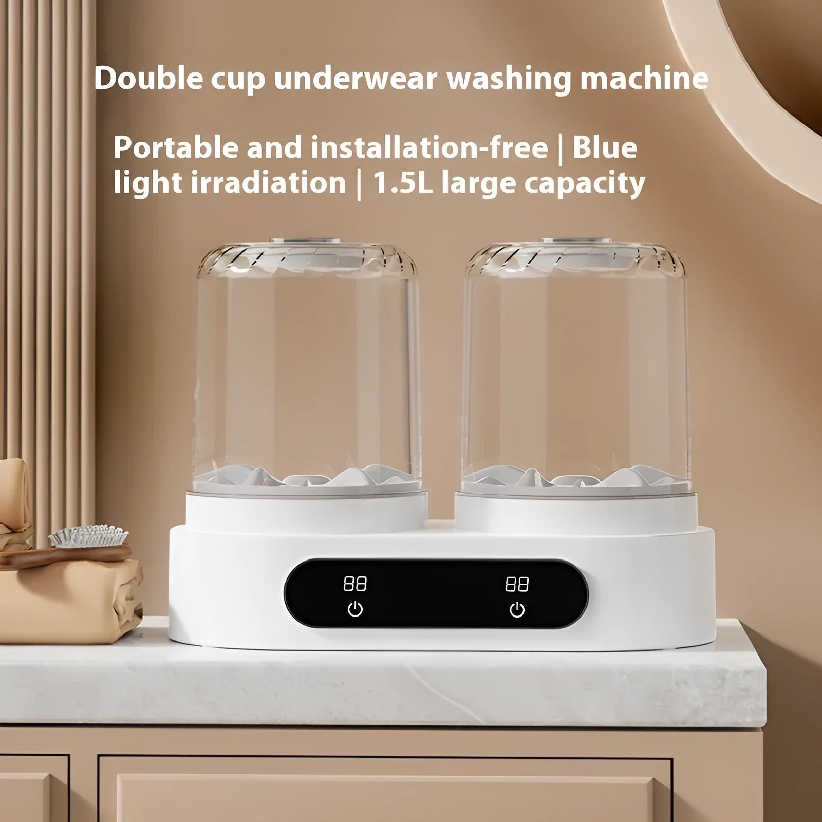 White USB-powered mini double bucket laundry cup for washing underwear and small garments.