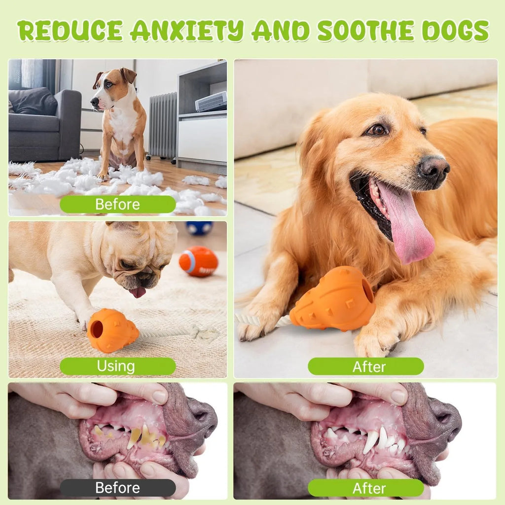 Natural rubber interactive dog toy with treat hole and strap for small and medium breed dogs