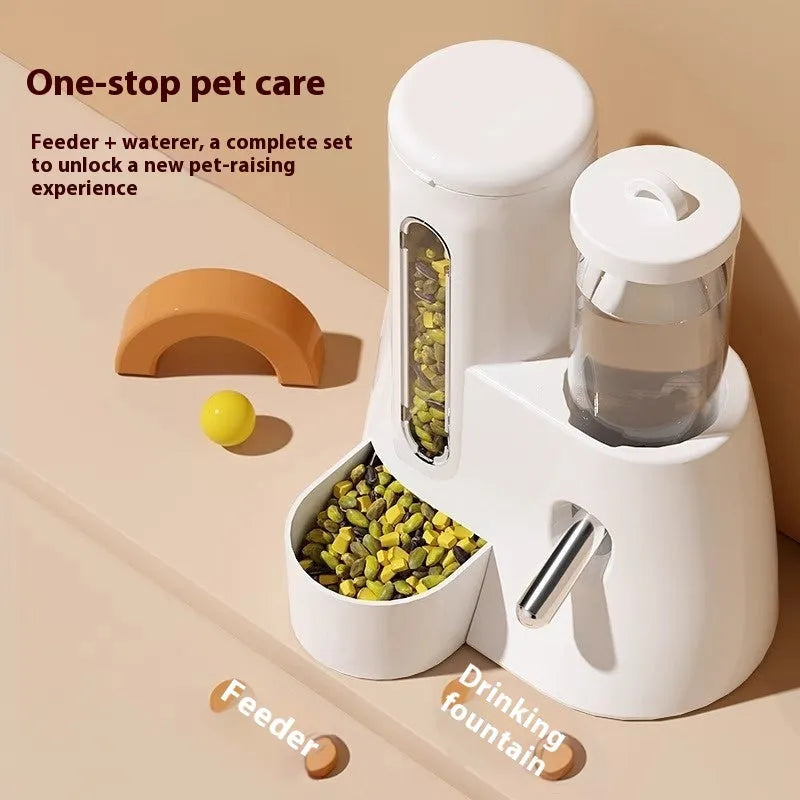 Blue hamster automatic water bottle and dual-compartment white food basin attached together.