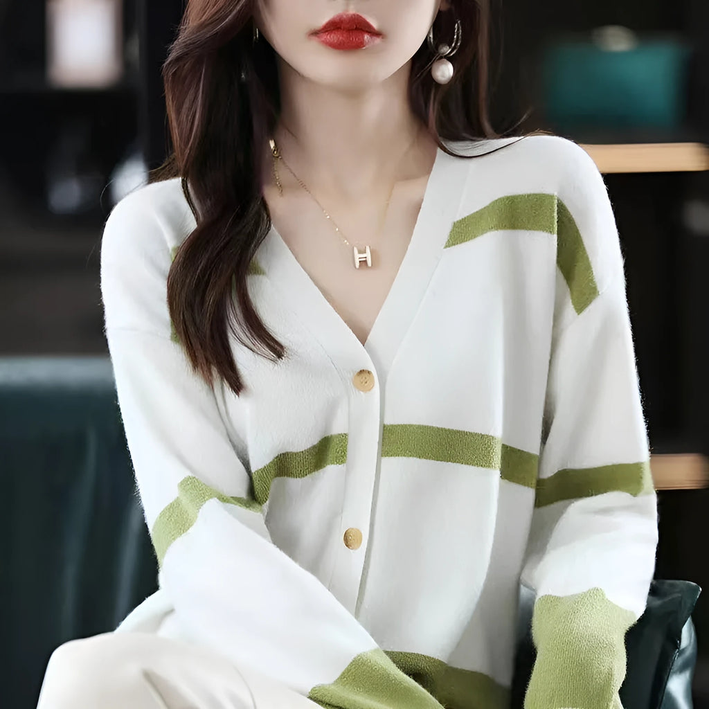 Women's 3D striped knitted cardigan with V-neck and buttons in black and white, green, camel, or black apricot.