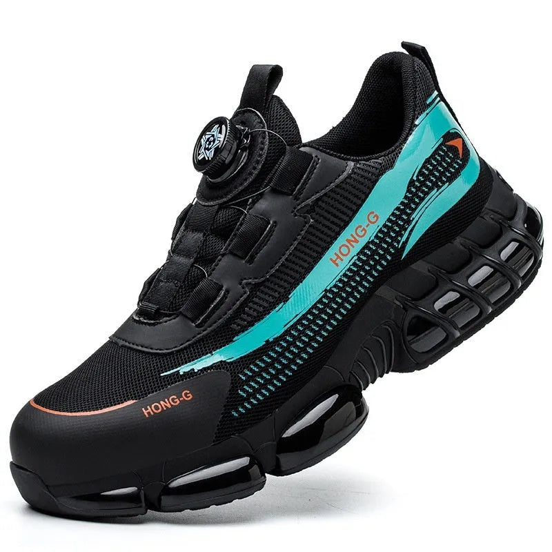 Low-top Flyknit safety work shoes with front lacing and a steel toe cap in black grey colour.